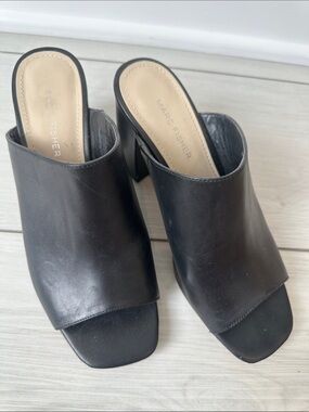 Marc Fisher Black Leather Square-Toe Mule Heels